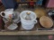 McCoy basin and pitcher, crock bowl, stoneware wall pocket, splatter crock bowl, chamber pots