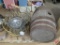 Egg baskets, wire chicken decoration, wood barrel, pots and pans