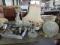 Ceiling light fixture with globes, table lamp, glass light globe, shells, and planter