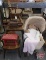 Childs table and chairs, doll wicker buggy, teddy bear, doll blankets, bench