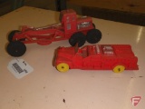 Vintage rubber road grader and fire truck