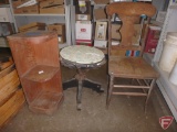 Wood stool on casters, wood chair and corner shelf