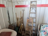 Yard and garden tools, shovels, wash brushes, sledgehammer, ax, and (3) wood step ladders.
