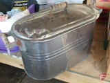 Vintage metal boiler with wood handles and lid, some dents