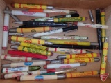 Large collection of bullet and other pencils, Implement and Tractor book, Pages of Time 1931 and