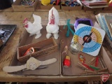 Ceramic roosters, wood cheese box, Gumby doll, travel LiteBrite, wood doll pins, Both boxes