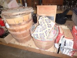 Wood bushel baskets, Victory Glass washboard, clothes pins and bag, vintage Baby Trainer,