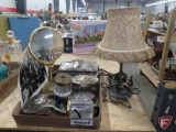 Metal trinket boxes, table mirror, table lamp, watches. Box plus lamp