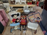 Vintage metal ride-on, metal doll stroller, Radio Flyer doll wagon, Mickey Mouse plush dolls,