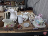 Glassware/pottery pieces, tea pot, pitchers, trinket boxes, decorative items, and