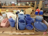 Blue themed items, crocks, pitchers, vases, bowls, pie plate, some Red Wing, and
