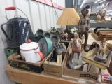 Enamelware bowls and coffee pots, bakeware, kitchen utensils, draft horse table lamp,