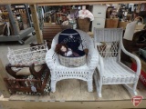 Metal doll bed, wood doll bed, child white wicker chair and rocker, child bench, metal basket,