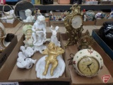 Cherub figurines, table top mirror and electric clock, metal clock, glass needs to be replaced,