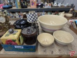 Watt bowls, largest and smallest bowls have cracks, stained, ceramic snack jars, crock with lid