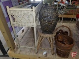 Wicker planter stand, stool, covered basket, wood bowl and cups, wall lattice with hooks