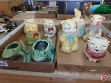 Porcelain/ceramic items, cat and cow creamers, frog planters, pig banks with bottoms cracked,