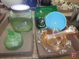 Deppresion green glass coffee jar with metal lid, candy dish, serving tray, vase with