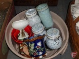 Wash tub with assorted small planters, Hagar and ceramic crocks with lids
