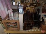 Wood items; Red Coach Cantaloupes crate, rolling pin, decorative wash boards,