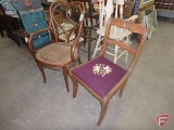 Vintage chairs, one with caned seat, one with material seat