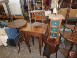 Wood items; side tables, corner shelf, plant stand, lamp