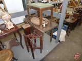 Wood items; side table with drop leaves, bench, plant stands, tray