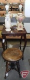 Vintage parlor table, swivel organ stool with decorative legs and glass ball feet, (4) lamps