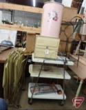 Metal items; tv trays, hamper, 3 shelf cart on wheels, towel rack, plant stand