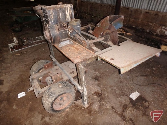 Homemade gas powered rough cut circular saw with hitch and wheels