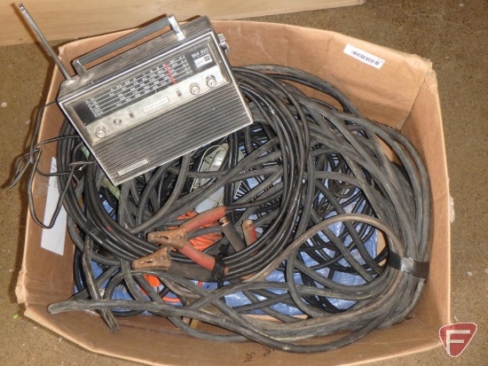 Jumper cables, trouble light, heavy duty electrical cords and electric radio
