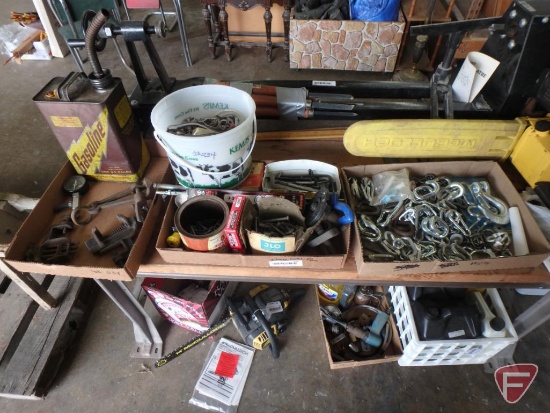 Chain, hooks, quick links, hardware, fencing staples, allen wrenches, clamps, metal fuel can,