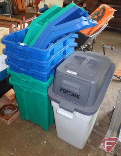 Plastic can with drop door in lid, (5) recycle bins with covers