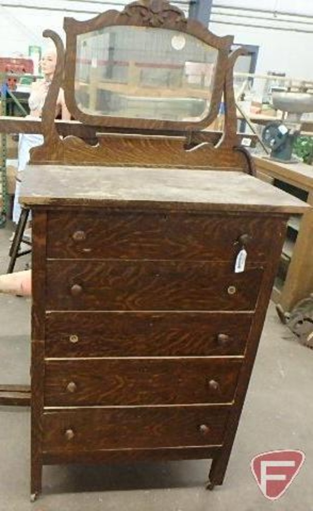 Vintage Wood Dresser With Positional Mirror On Wheels 6 Drawers