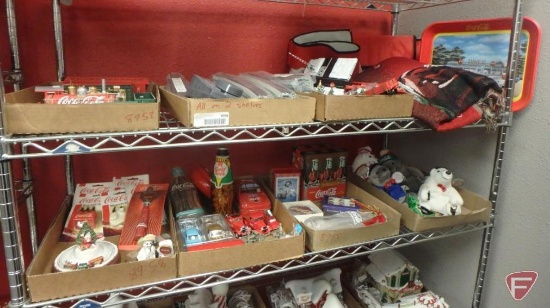 Coca-Cola items, electric train set, throw, soft-sided cooler, plush toys, pewter miniatures,