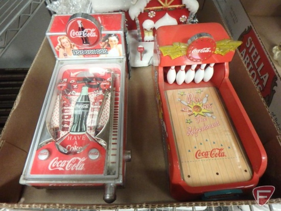 Coca-Cola items, ceramic canister set, paper towel holder, thermometer, banks, salt/pepper