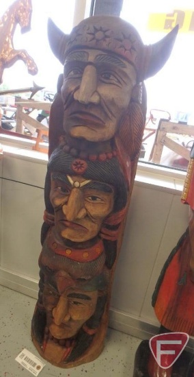 3-headed Native American totem wood statue