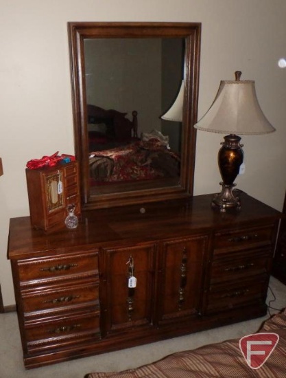 Wood dresser with mirror, 9 drawers. Dresser 30inHx64inWx18inD, mirror 44inx32in
