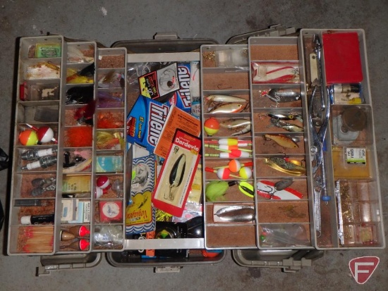 Outdoor games and sports equipment, tackle box with contents, minnow bucket, survival bag,