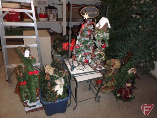 (2) 7ft artificial trees with lights assembled, one artificial tree not assembled, wreath,
