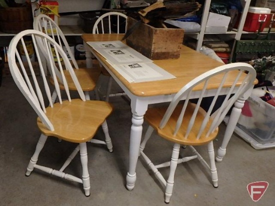 Wood table with pop-up leave, 54inx36in, and (4) matching wood chairs.