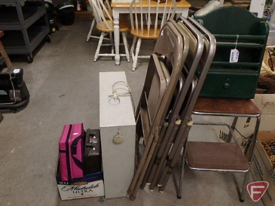 (4) metal folding chairs, not all matching, metal step stool, GE box fan, painted wood wall shelf,