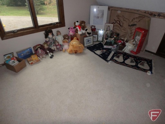 Holiday/Christmas items, rugs, framed pictures, plush animals, dolls, games, and books.