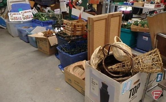 Craft and Holiday items, wicker baskets, 3 panel pegboard display, terracotta pots, outdoor signs