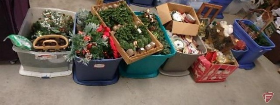 Holiday/Christmas items: wreaths, plush animals, ribbon, garland, 8-12in trees, and other craft