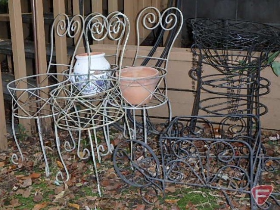 Outdoor metal decoration, (4) chair plant holders, wheel barrow, (2) hanging baskets,