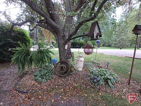 Cast iron Mueller fire hydrant, bird houses, wind chimes, (3) metal wheels, tricycle plant holder
