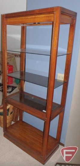 Wood and glass shelf, lighted, 2 adjustable glass shelves, 74inHx32inWx17inD.