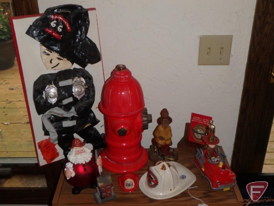 Firefighter decorative items, figurines, framed prints, wood fire engine, hat, plush toy,