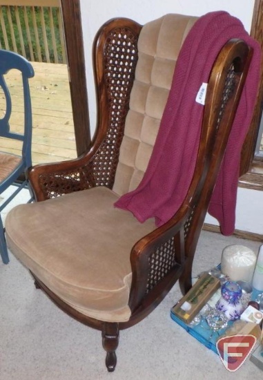 Wood/rattan wing back chair with upholstered back and seat and throw/blanket. 2 pieces